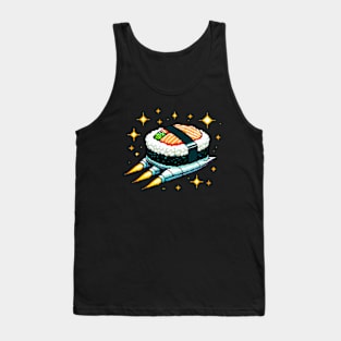 Retro Space Sushi - Pixel Art Fusion of Sushi & Galaxy Exploration Tank Top